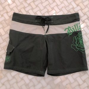 Billabong board shorts, olive/cream with green embroidery, size 9